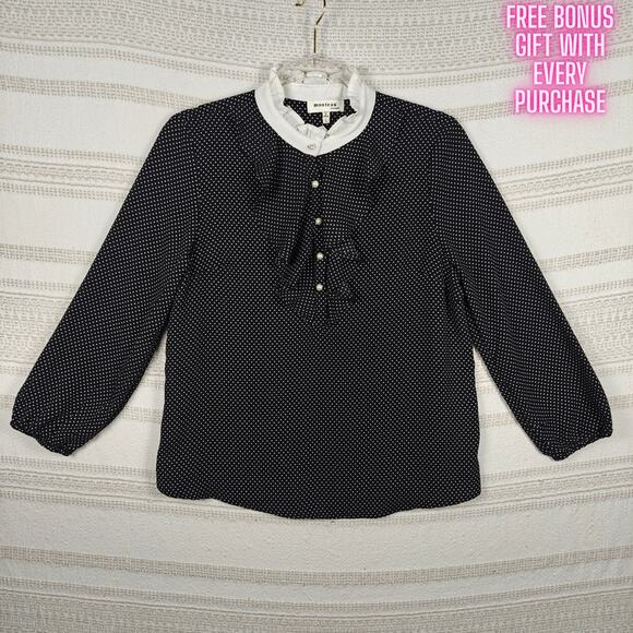 Monteau Black White Polka Dot Ruffle Collar Button Blouse Top L NEW - Picture 1 of 7
